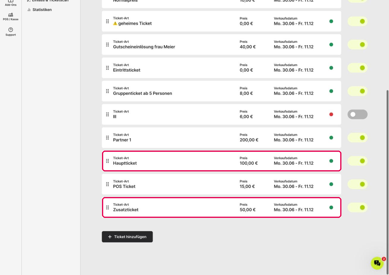 Ticketliste eines Events mit Hauptticket und Zusatzticket