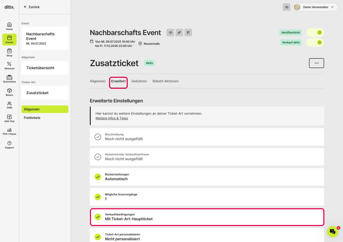 Reiter Erweitert der Ticket-Art mit dem Feld Verkaufsbedingungen