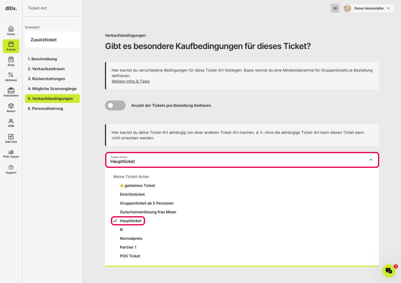 Dropdown Ticket-Arten mit ausgewähltem Hauptticket