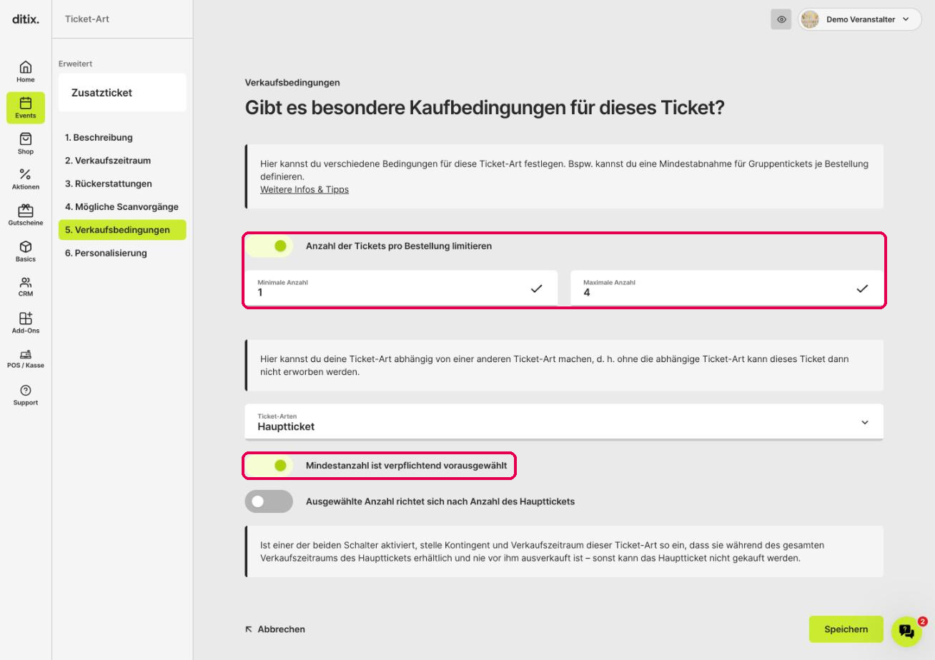 Variante A: Limitierung mit Minimaler Anzahl 1 und Maximaler Anzahl 4, Schalter Mindestanzahl ist verpflichtend vorausgewählt aktiv