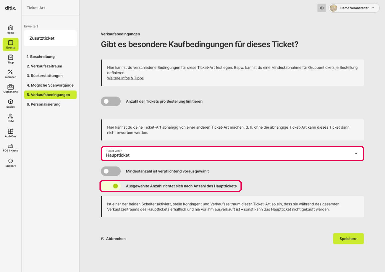 Variante B: Schalter Ausgewählte Anzahl richtet sich nach Anzahl des Haupttickets aktiv