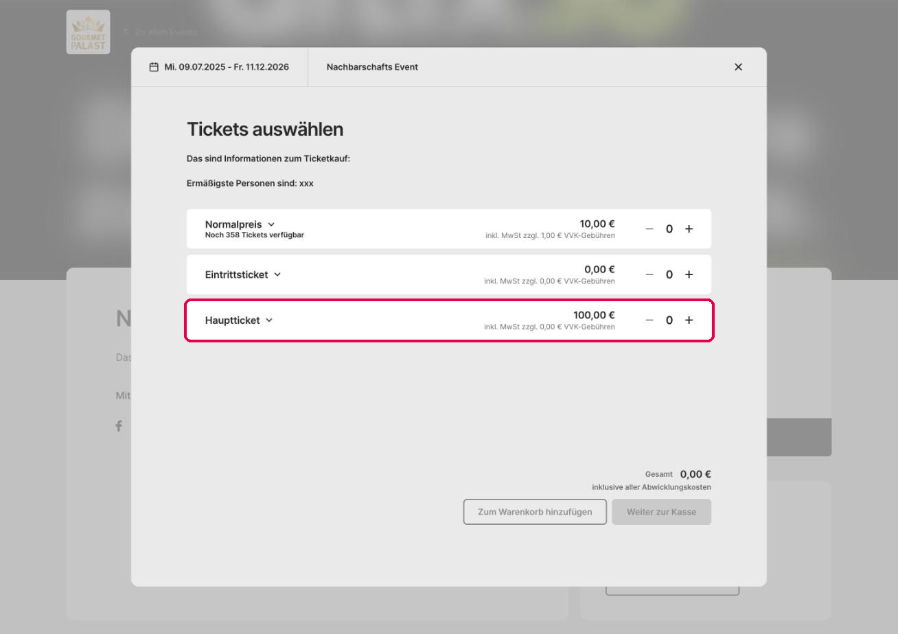 Ticketauswahl im Shop, bevor das Hauptticket gewählt ist