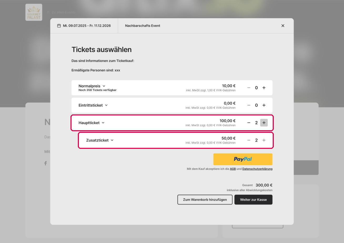 Ticketauswahl im Shop: 2 Haupttickets, darunter automatisch 2 Zusatztickets