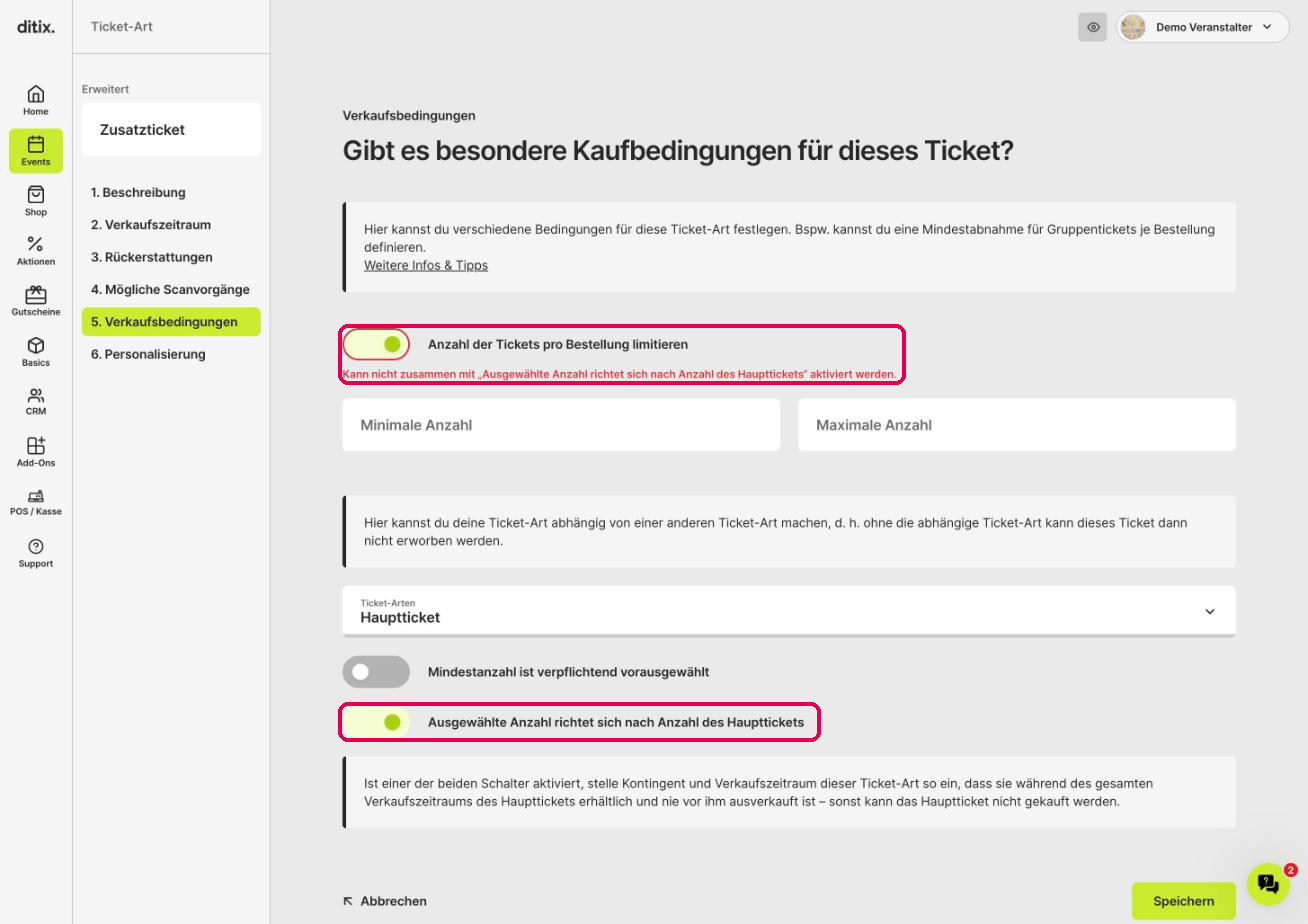 Fehlermeldung: Kann nicht zusammen mit Ausgewählte Anzahl richtet sich nach Anzahl des Haupttickets aktiviert werden